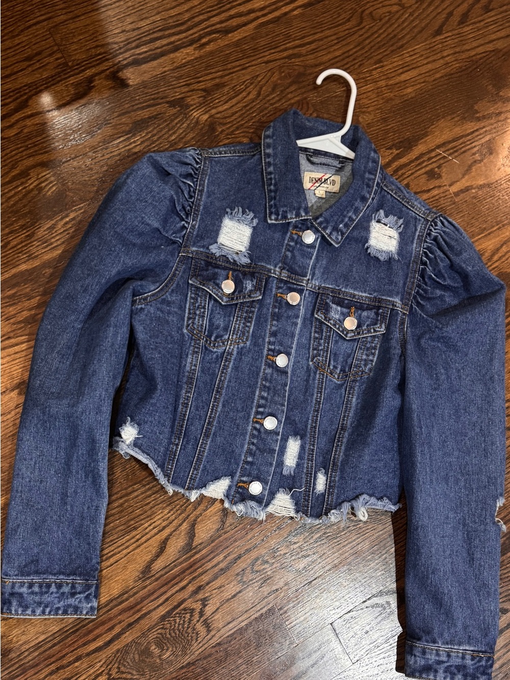 Girls' Dark Blue Distressed Denim Jacket